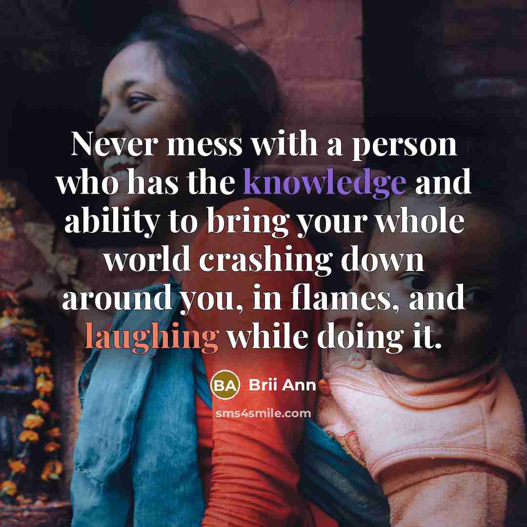 “Never mess with a person who has the knowledge and ability to bring your whole world crashing down around you, in flames, and laughing while doing it.” quote by Brii Ann