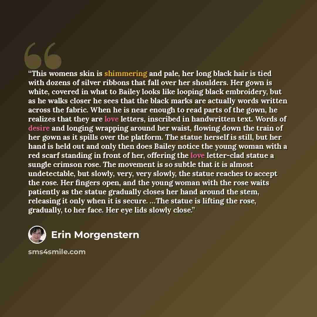 “This womens skin is shimmering and pale, her long black hair is tied with dozens of silver ribbons that fall over her shoulders. Her gown is white, covered in what to Bailey looks like looping black embroidery, but as he walks closer he sees that the black marks are actually words written across…” quote by Erin Morgenstern