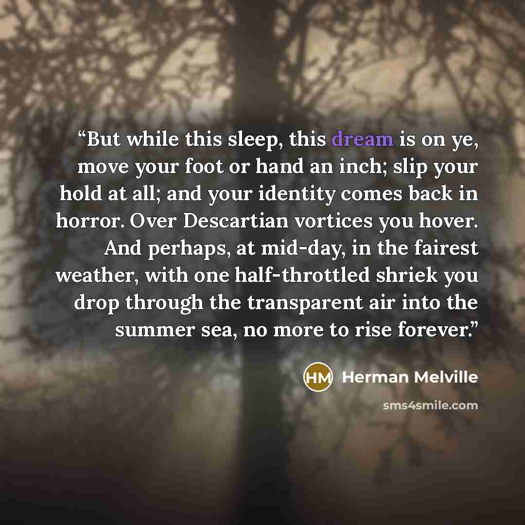 “But while this sleep, this dream is on ye, move your foot or hand an inch; slip your hold at all; and your identity comes back in horror. Over Descartian vortices you hover. And perhaps, at mid-day, in the fairest weather, with one half-throttled shriek you drop through the transparent air into…” quote by Herman Melville