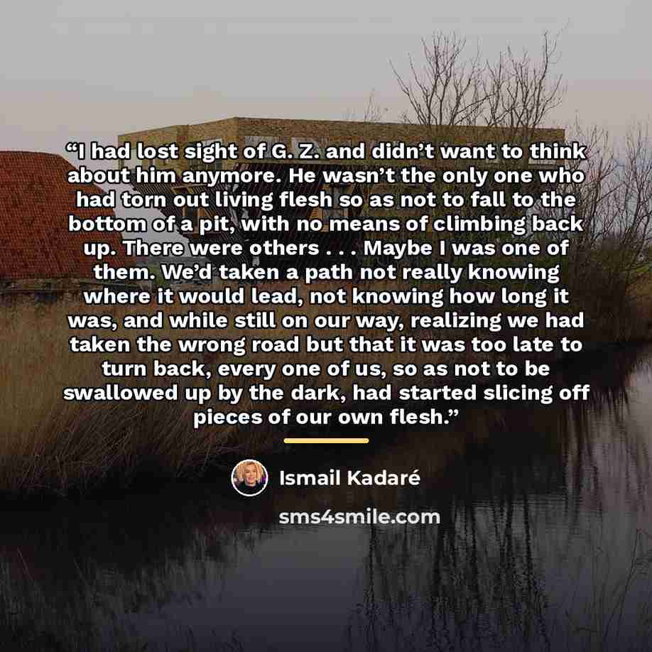 “I had lost sight of G. Z. and didn’t want to think about him anymore. He wasn’t the only one who had torn out living flesh so as not to fall to the bottom of a pit, with no means of climbing back up. There were others . . . Maybe I was one of them. We’d taken a path not really knowing where it…” quote by Ismail Kadare