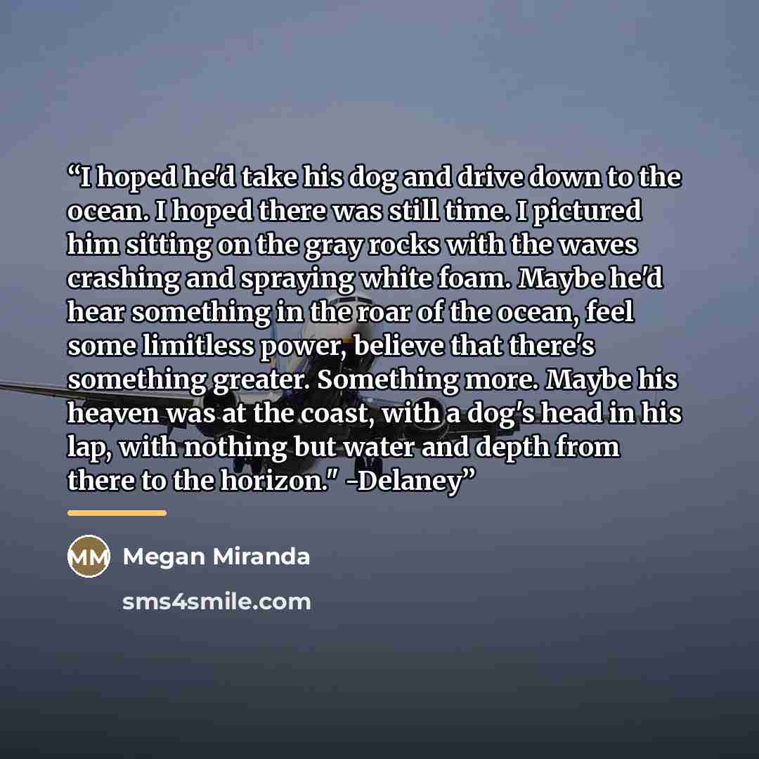 “I hoped he'd take his dog and drive down to the ocean. I hoped there was still time. I pictured him sitting on the gray rocks with the waves crashing and spraying white foam. Maybe he'd hear something in the roar of the ocean, feel some limitless power, believe that there's something greater…” quote by Megan Miranda