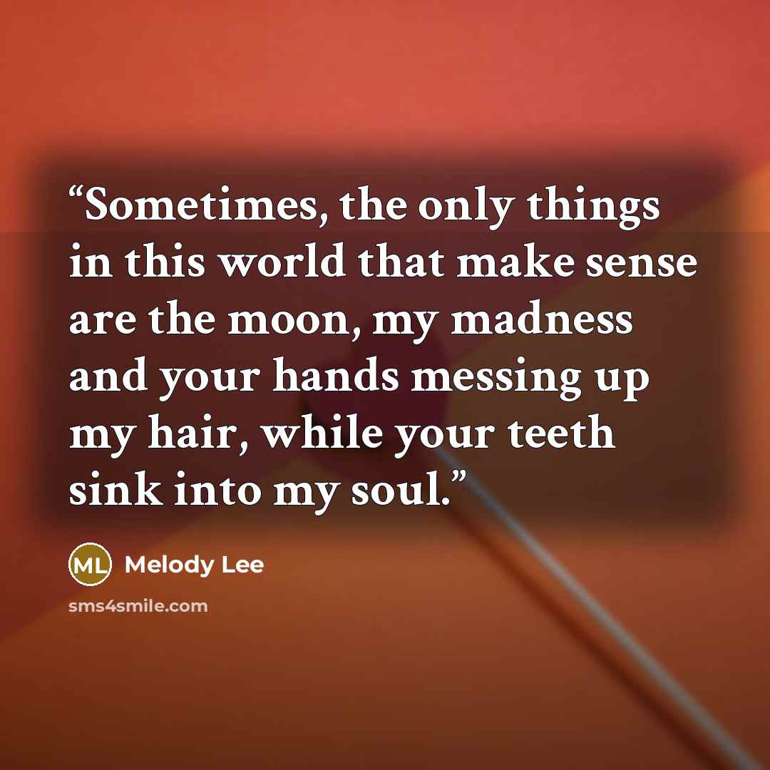 “Sometimes, the only things in this world that make sense are the moon, my madness and your hands messing up my hair, while your teeth sink into my soul.” quote by Melody Lee