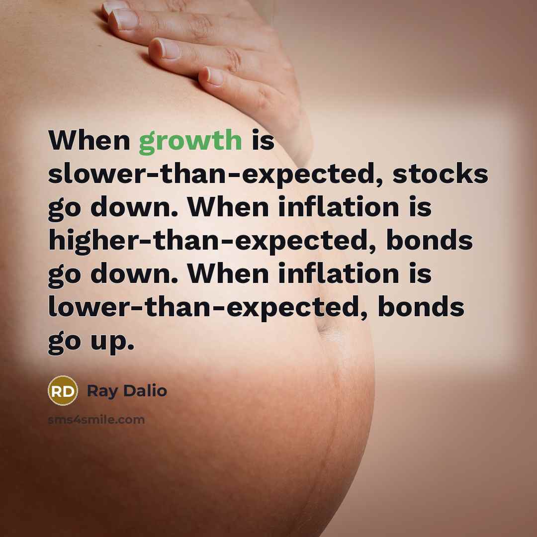 “When growth is slower-than-expected, stocks go down. When inflation is higher-than-expected, bonds go down. When inflation is lower-than-expected, bonds go up.” quote by Ray Dalio