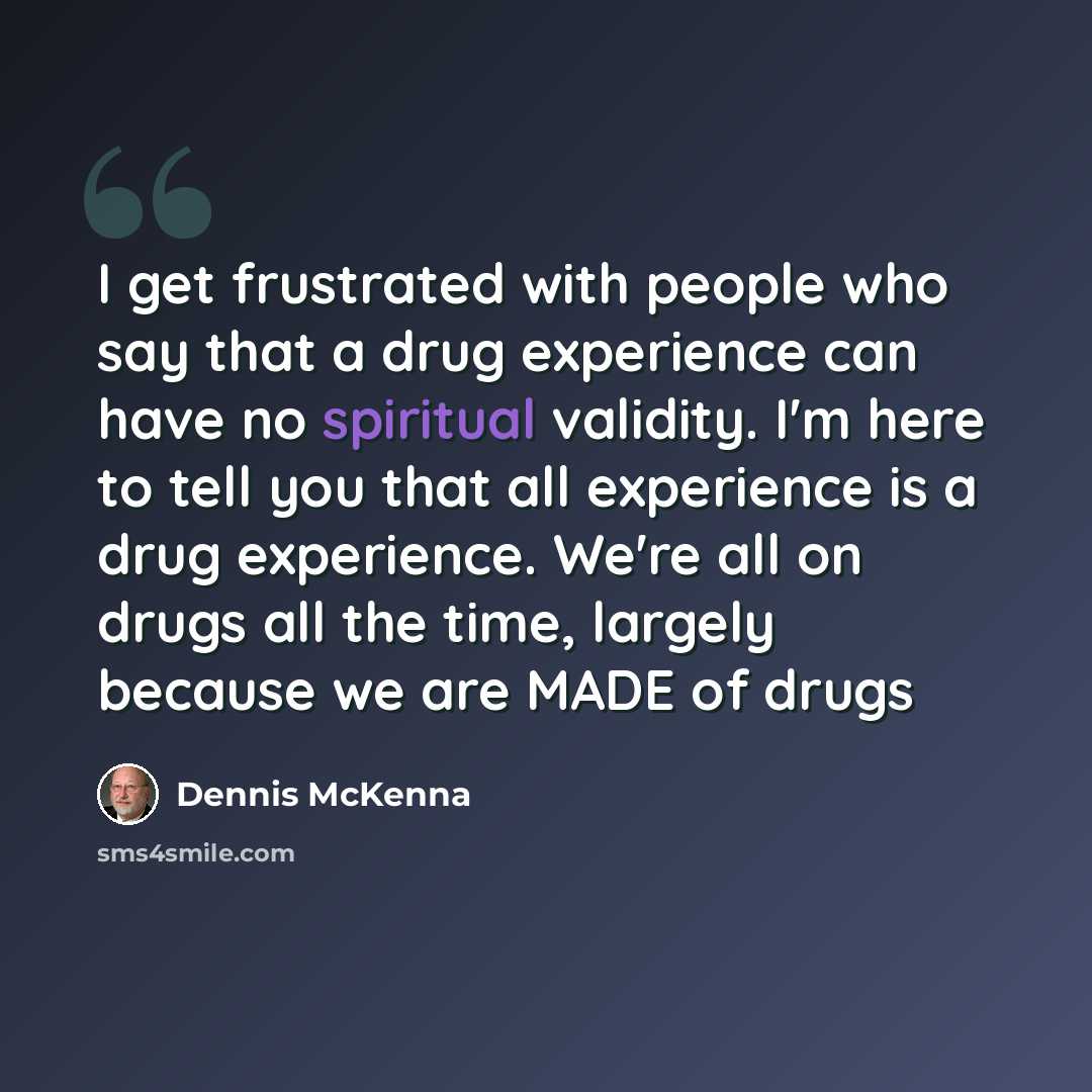 “I get frustrated with people who say that a drug experience can have no spiritual validity. I'm here to tell you that all experience is a drug experience. We're all on drugs all the time, largely because we are MADE of drugs” quote by Dennis McKenna