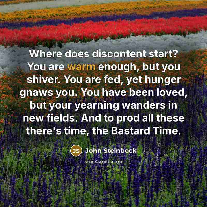 “Where does discontent start? You are warm enough, but you shiver. You are fed, yet hunger gnaws you. You have been loved, but your yearning wanders in new fields. And to prod all these there's time, the Bastard Time.” quote by John Steinbeck