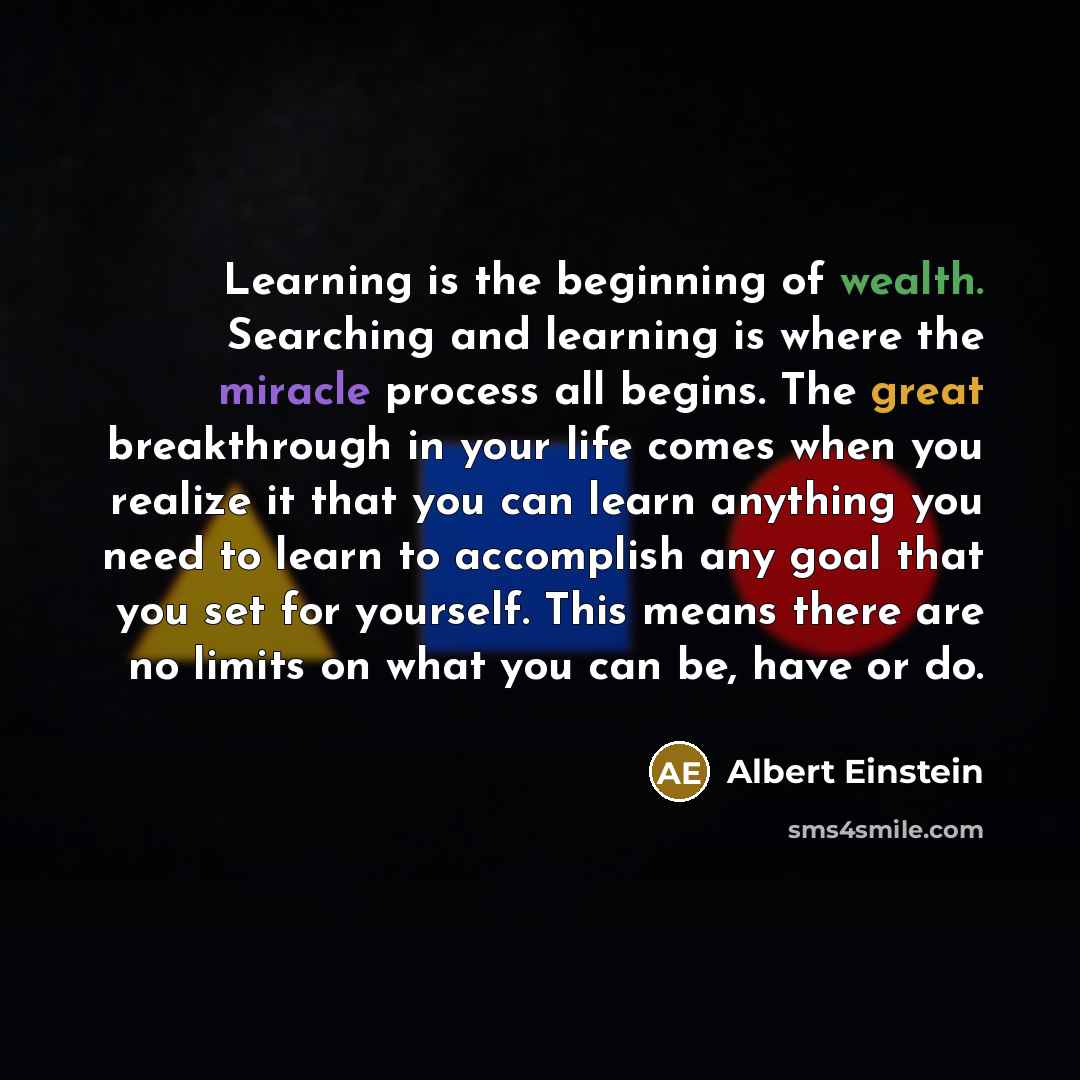 “Learning is the beginning of wealth. Searching and learning is where the miracle process all begins. The great breakthrough in your life comes when you realize it that you can learn anything you need to learn to accomplish any goal that you set for yourself. This means there are no limits on what…” quote by Albert Einstein