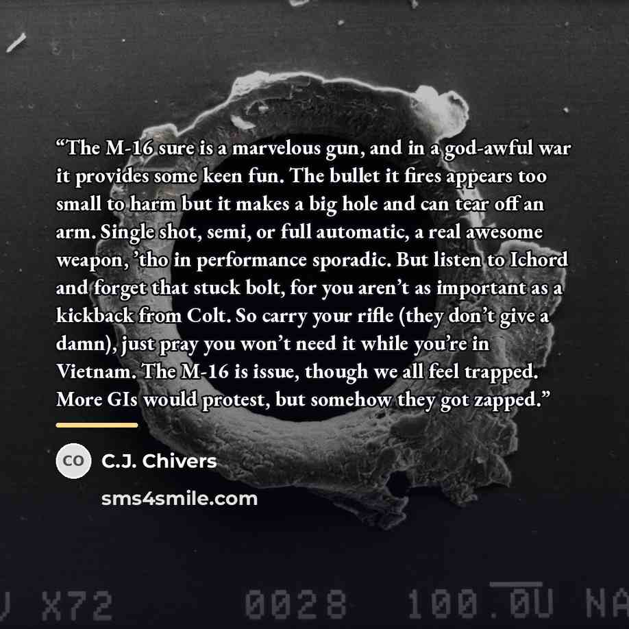 “The M-16 sure is a marvelous gun, and in a god-awful war it provides some keen fun. The bullet it fires appears too small to harm but it makes a big hole and can tear off an arm. Single shot, semi, or full automatic, a real awesome weapon, ’tho in performance sporadic. But listen to Ichord and…” quote by C.J. Chivers