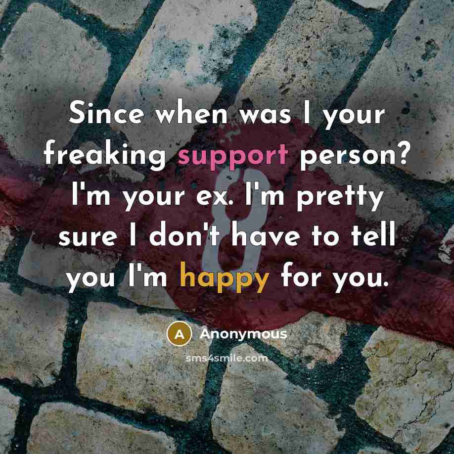 “Since when was I your freaking support person? I'm your ex. I'm pretty sure I don't have to tell you I'm happy for you.” quote by Anonymous