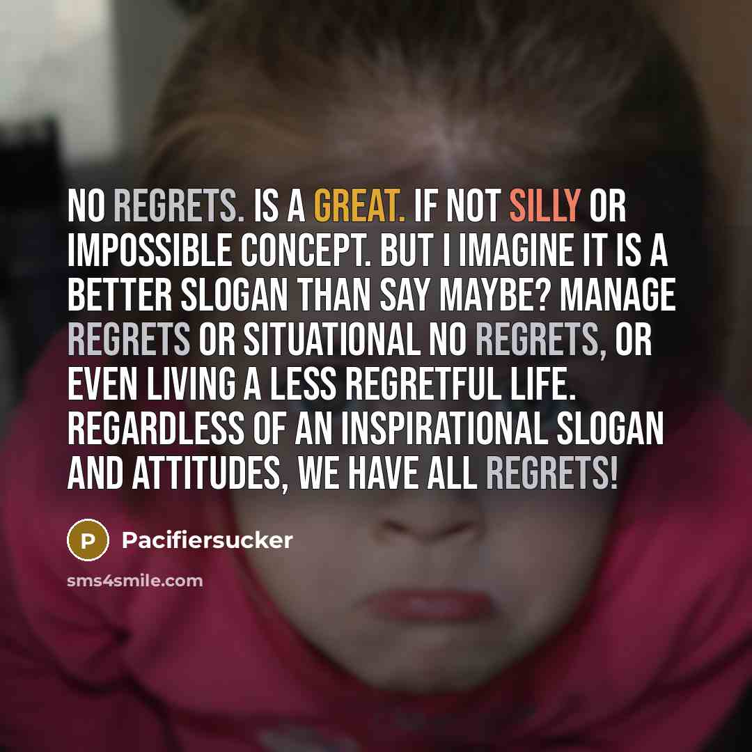 “No Regrets. Is a great. if not silly or impossible concept. But I imagine it is a better slogan than say maybe? Manage regrets or Situational no regrets, or even Living a less regretful life. Regardless of an inspirational slogan and attitudes, we have all regrets!” quote by Pacifiersucker