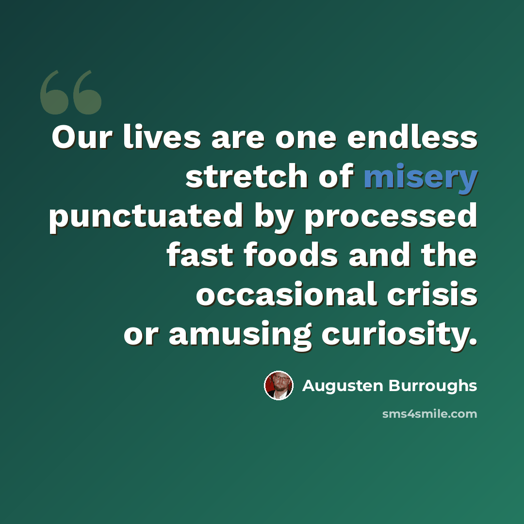 “Our lives are one endless stretch of misery punctuated by processed fast foods and the occasional crisis or amusing curiosity.” quote by Augusten Burroughs