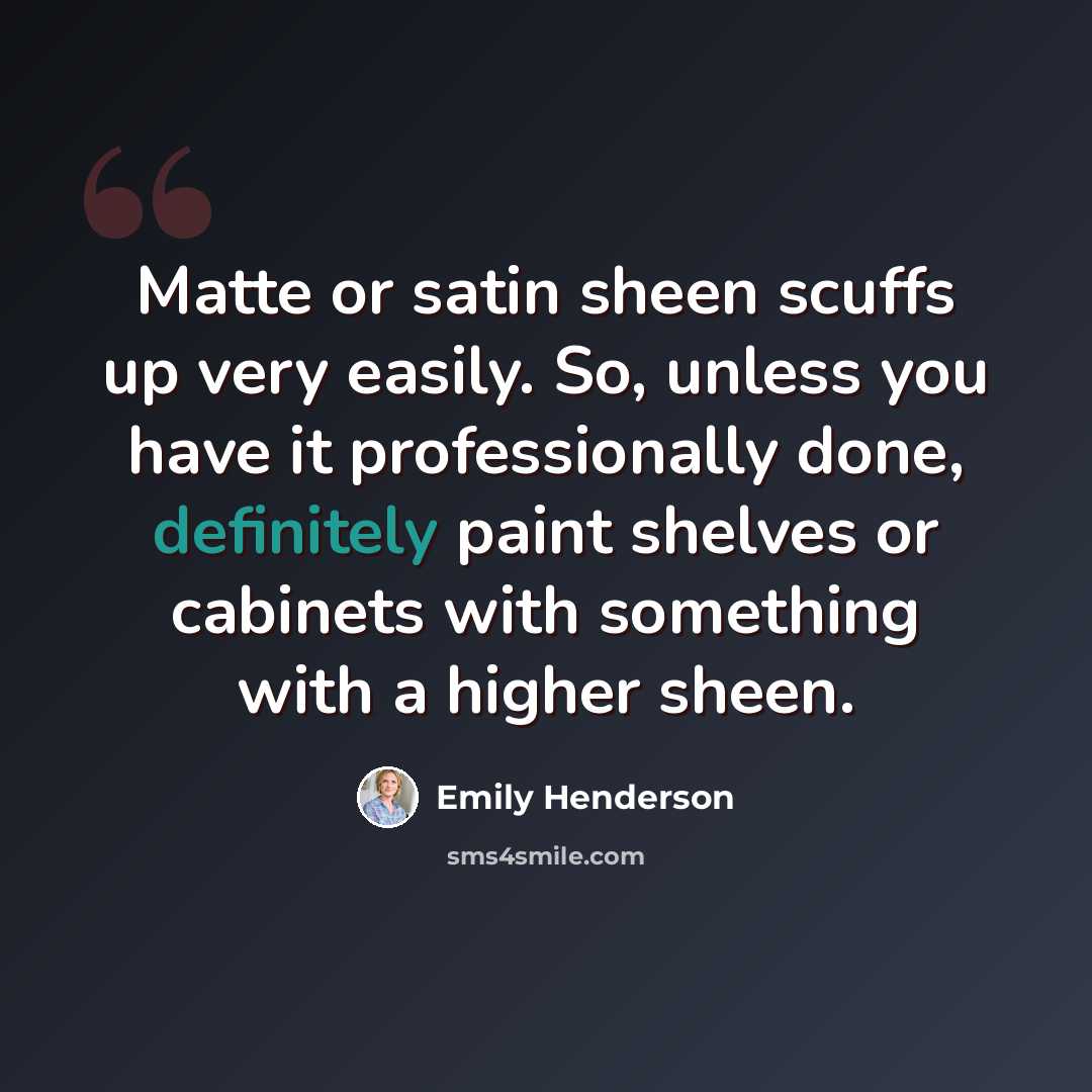“Matte or satin sheen scuffs up very easily. So, unless you have it professionally done, definitely paint shelves or cabinets with something with a higher sheen.” quote by Emily Henderson