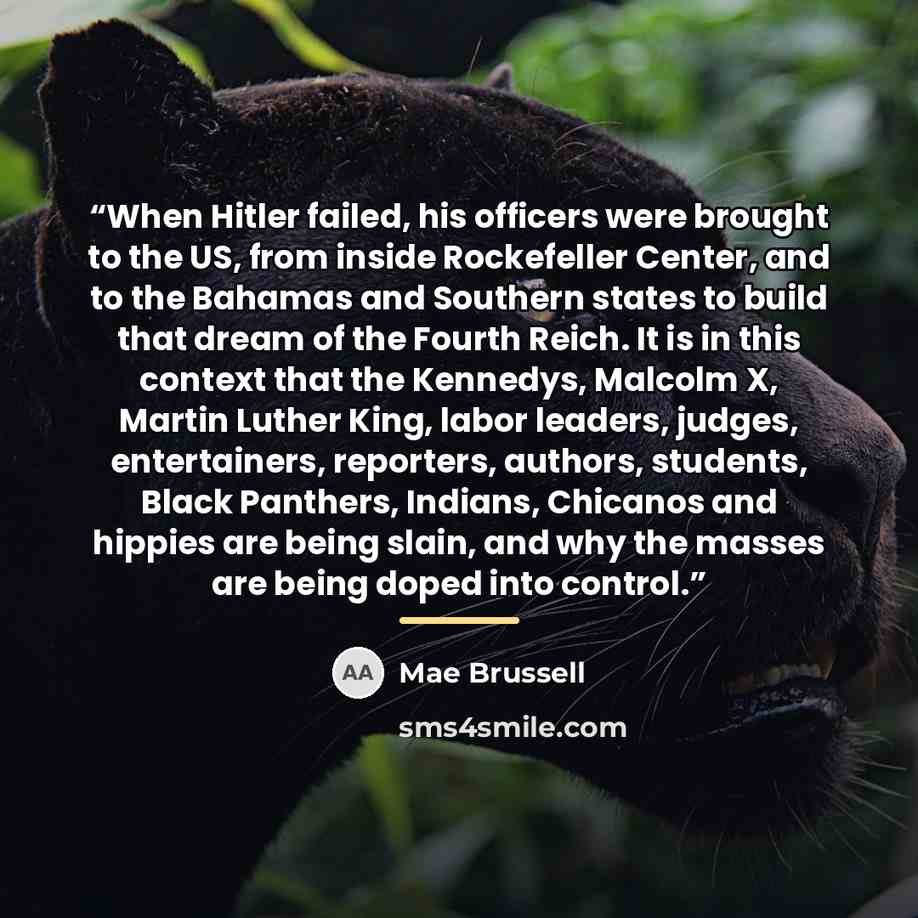 “When Hitler failed, his officers were brought to the US, from inside Rockefeller Center, and to the Bahamas and Southern states to build that dream of the Fourth Reich. It is in this context that the Kennedys, Malcolm X, Martin Luther King, labor leaders, judges, entertainers, reporters, authors…” quote by Mae Brussell
