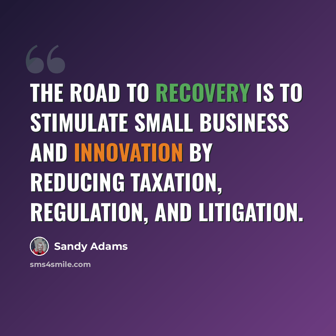 “The road to recovery is to stimulate small business and innovation by reducing taxation, regulation, and litigation.” quote by Sandy Adams