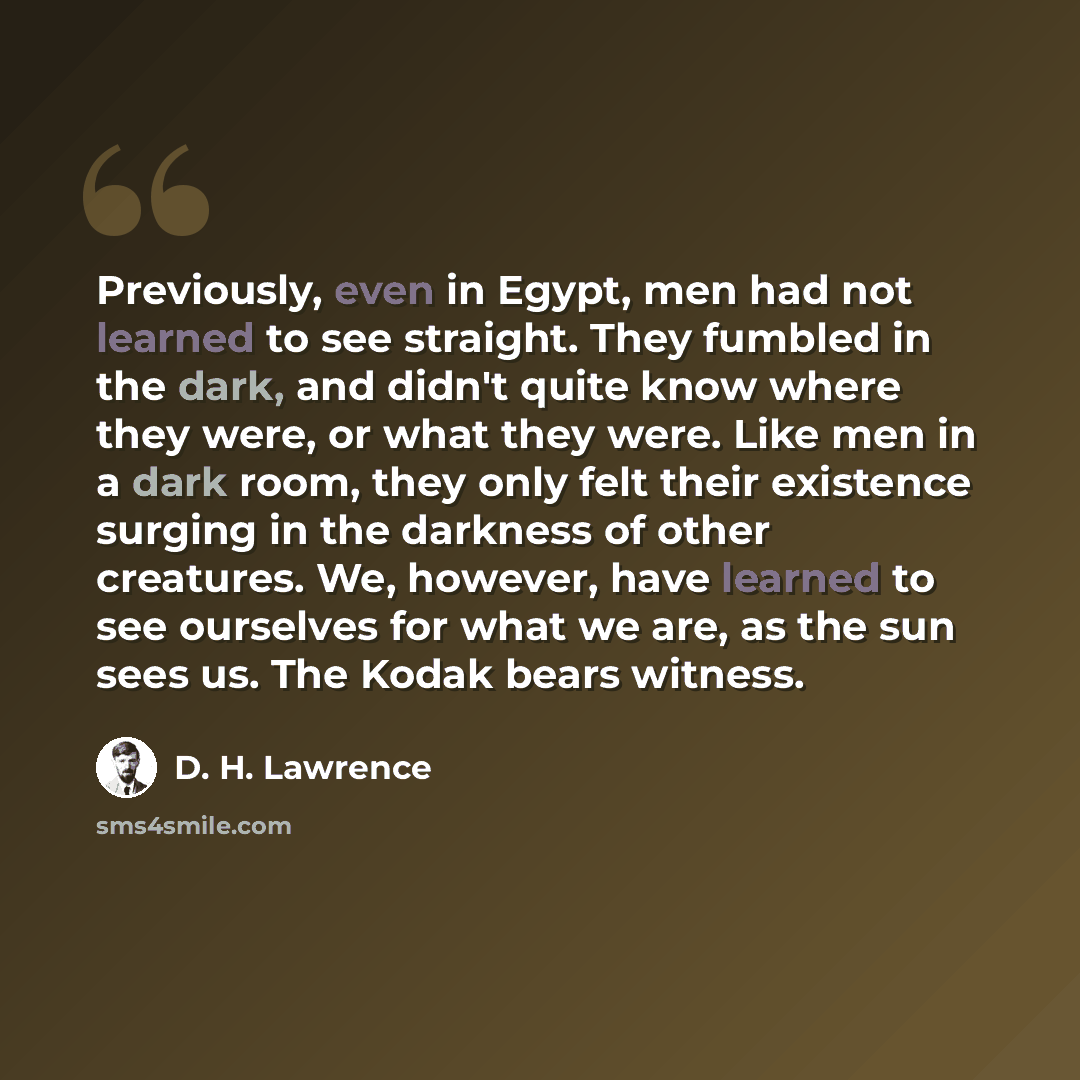 “Previously, even in Egypt, men had not learned to see straight. They fumbled in the dark, and didn't quite know where they were, or what they were. Like men in a dark room, they only felt their existence surging in the darkness of other creatures. We, however, have learned to see ourselves for…” quote by D. H. Lawrence