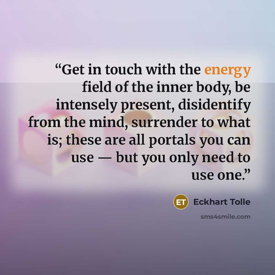 “Get in touch with the energy field of the inner body, be intensely present, disidentify from the mind, surrender to what is; these are all portals you can use — but you only need to use one.” quote by Eckhart Tolle