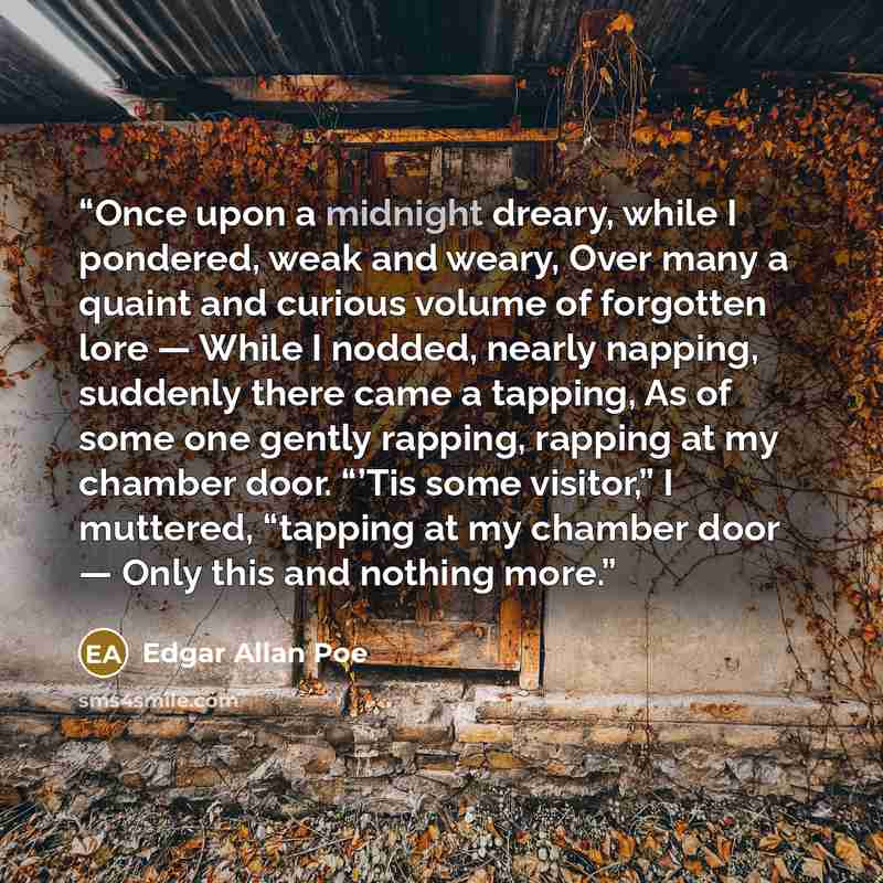 “Once upon a midnight dreary, while I pondered, weak and weary, Over many a quaint and curious volume of forgotten lore — While I nodded, nearly napping, suddenly there came a tapping, As of some one gently rapping, rapping at my chamber door. “’Tis some visitor,” I muttered, “tapping at my chamber…” quote by Edgar Allan Poe