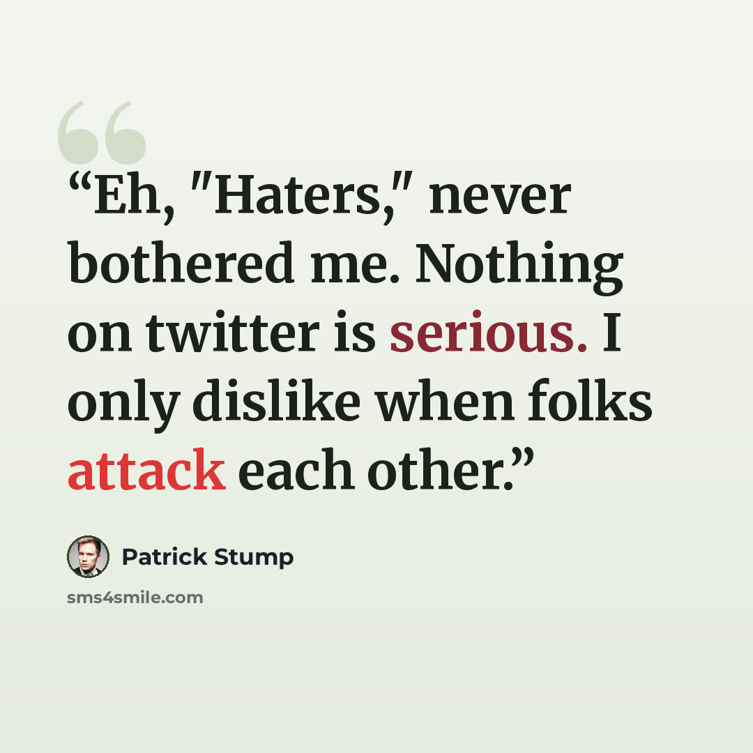 “Eh, "Haters," never bothered me. Nothing on twitter is serious. I only dislike when folks attack each other.” quote by Patrick Stump