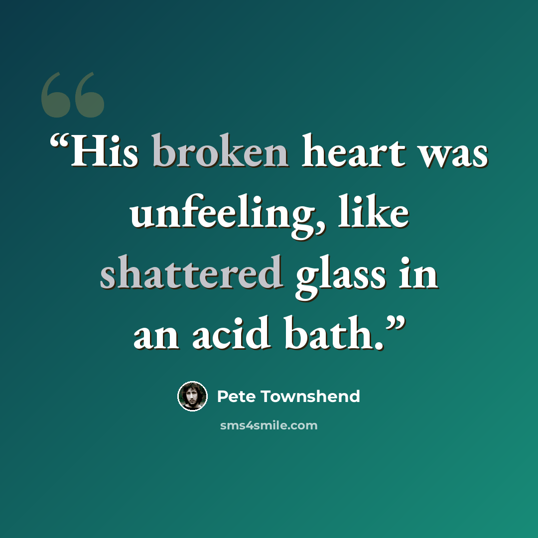 “His broken heart was unfeeling, like shattered glass in an acid bath.” quote by Pete Townshend