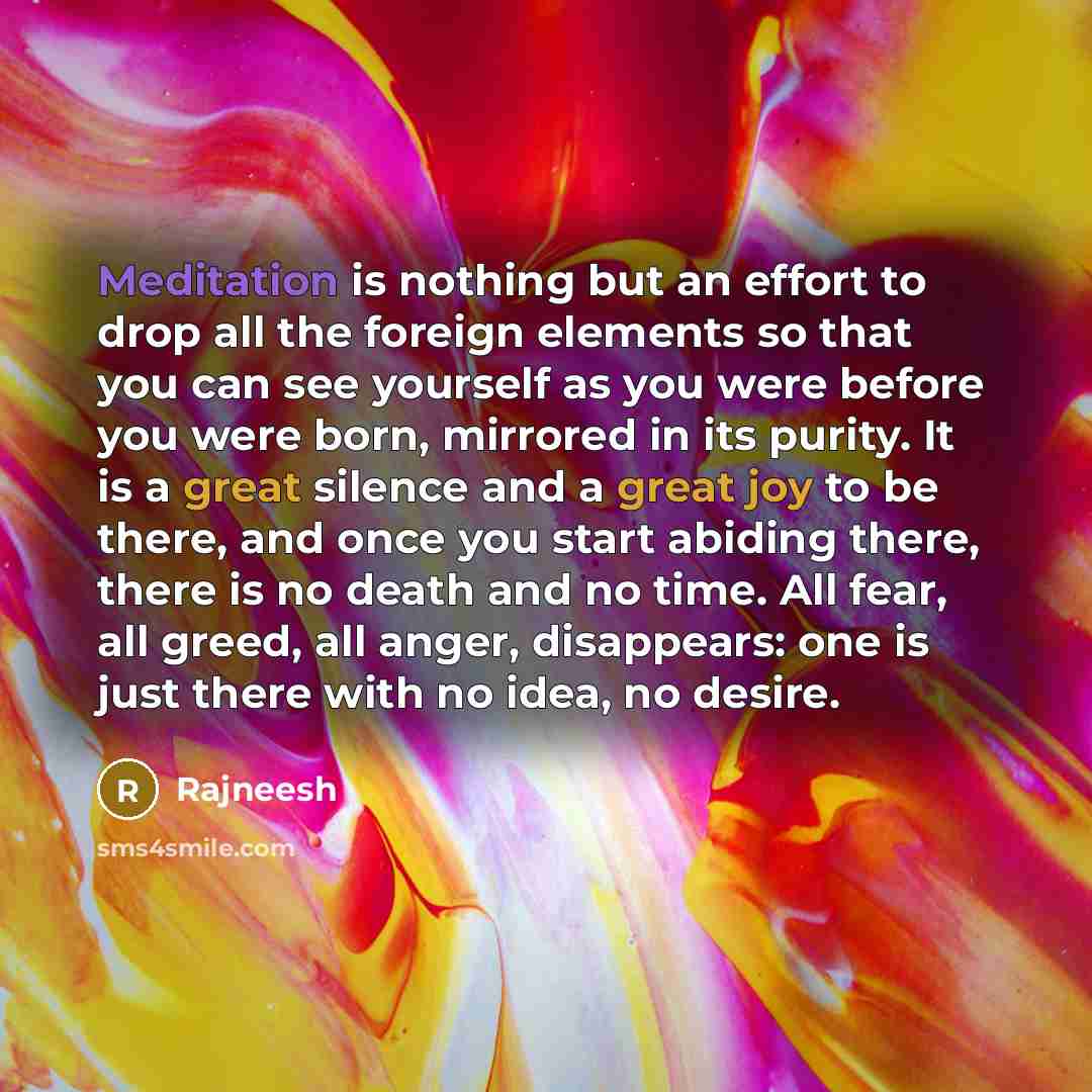 “Meditation is nothing but an effort to drop all the foreign elements so that you can see yourself as you were before you were born, mirrored in its purity. It is a great silence and a great joy to be there, and once you start abiding there, there is no death and no time. All fear, all greed, all…” quote by Rajneesh