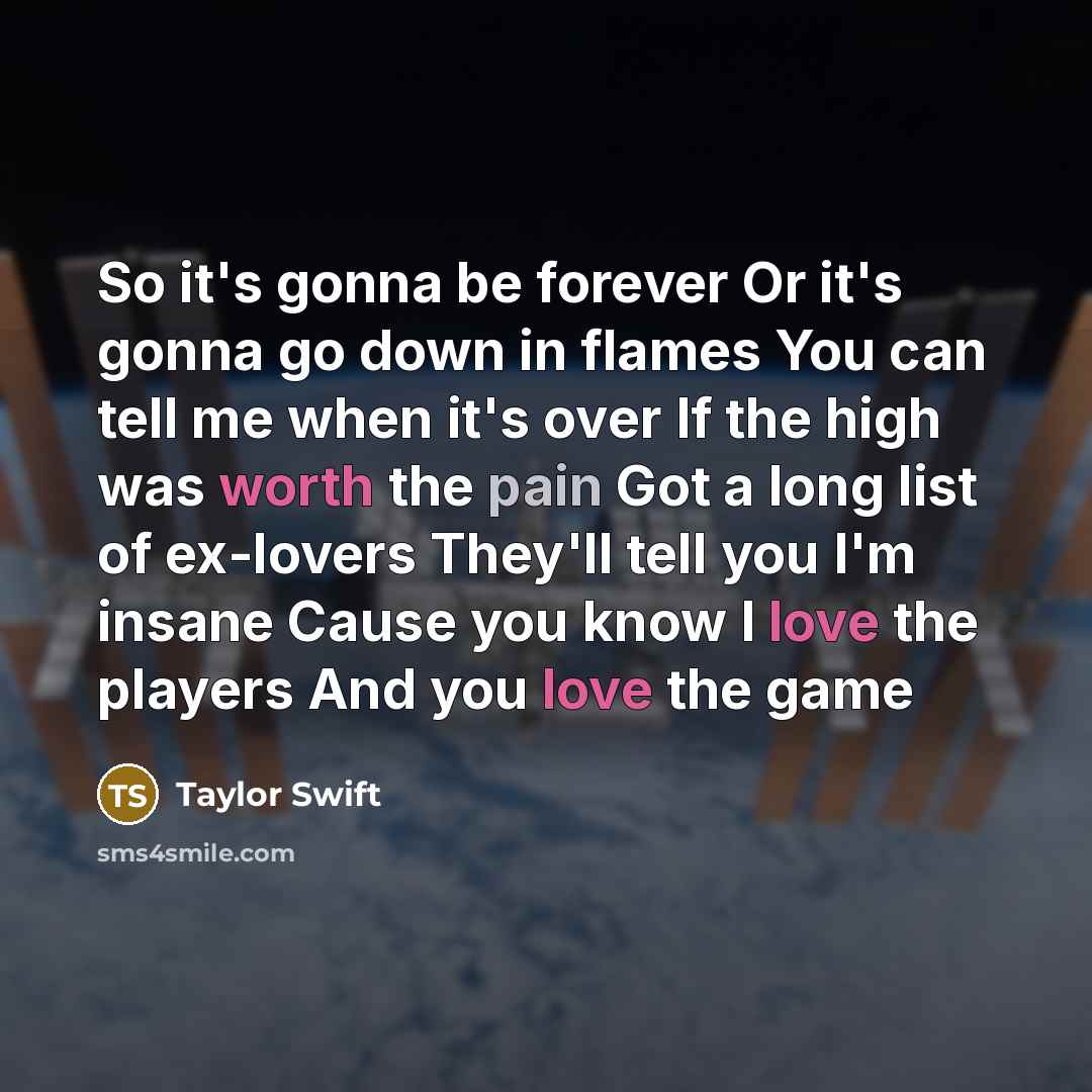 “So it's gonna be forever Or it's gonna go down in flames You can tell me when it's over If the high was worth the pain Got a long list of ex-lovers They'll tell you I'm insane Cause you know I love the players And you love the game” quote by Taylor Swift