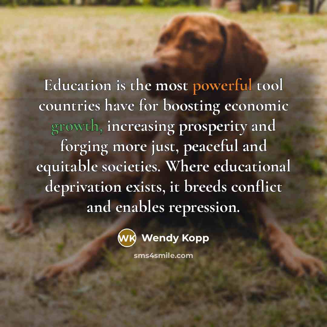“Education is the most powerful tool countries have for boosting economic growth, increasing prosperity and forging more just, peaceful and equitable societies. Where educational deprivation exists, it breeds conflict and enables repression.” quote by Wendy Kopp
