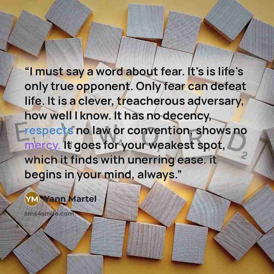 “I must say a word about fear. It's is life's only true opponent. Only fear can defeat life. It is a clever, treacherous adversary, how well I know. It has no decency, respects no law or convention, shows no mercy. It goes for your weakest spot, which it finds with unerring ease. it begins in your…” quote by Yann Martel