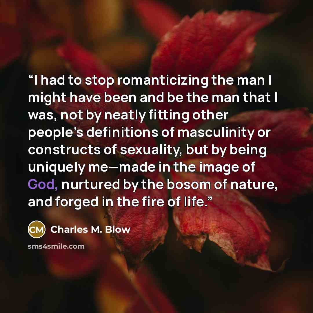 “I had to stop romanticizing the man I might have been and be the man that I was, not by neatly fitting other people’s definitions of masculinity or constructs of sexuality, but by being uniquely me—made in the image of God, nurtured by the bosom of nature, and forged in the fire of life.” quote by Charles M. Blow
