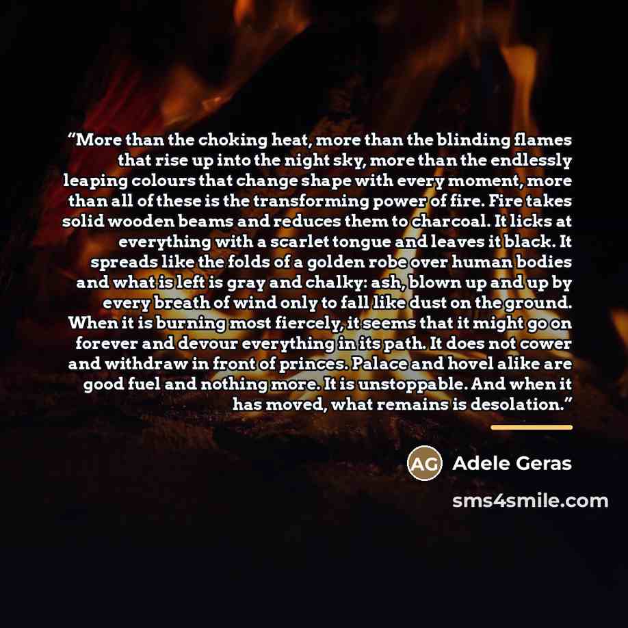 “More than the choking heat, more than the blinding flames that rise up into the night sky, more than the endlessly leaping colours that change shape with every moment, more than all of these is the transforming power of fire. Fire takes solid wooden beams and reduces them to charcoal. It licks at…” quote by Adele Geras