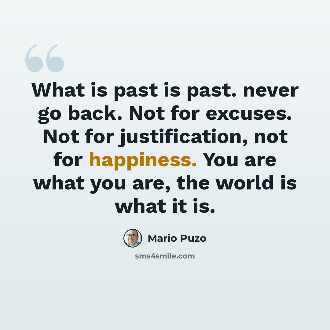 “What is past is past. never go back. Not for excuses. Not for justification, not for happiness. You are what you are, the world is what it is.” quote by Mario Puzo
