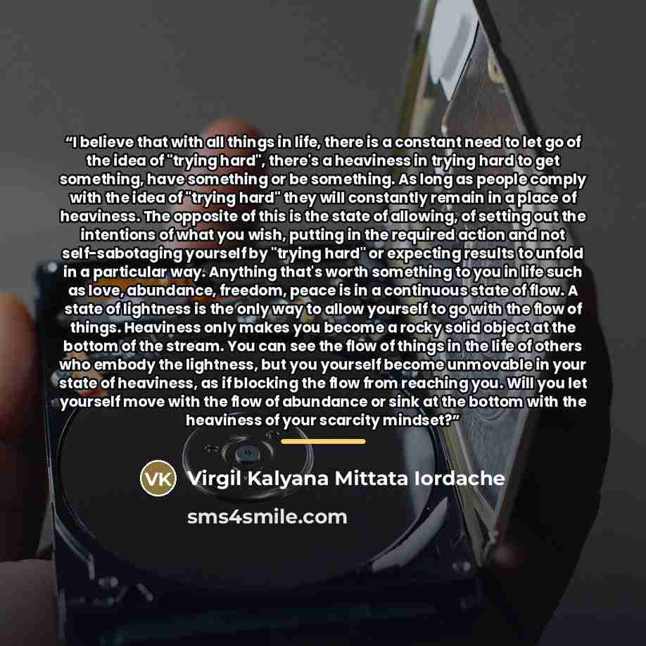 “I believe that with all things in life, there is a constant need to let go of the idea of "trying hard", there's a heaviness in trying hard to get something, have something or be something. As long as people comply with the idea of "trying hard" they will constantly remain in a place of heaviness…” quote by Virgil Kalyana Mittata Iordache