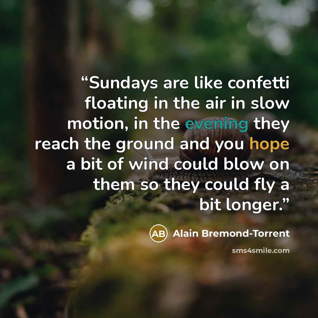 “Sundays are like confetti floating in the air in slow motion, in the evening they reach the ground and you hope a bit of wind could blow on them so they could fly a bit longer.” quote by Alain Bremond-Torrent
