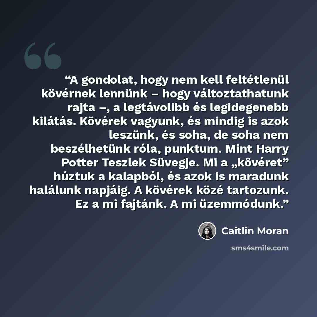 “A gondolat, hogy nem kell feltétlenül kövérnek lennünk – hogy változtathatunk rajta –, a legtávolibb és legidegenebb kilátás. Kövérek vagyunk, és mindig is azok leszünk, és soha, de soha nem beszélhetünk róla, punktum. Mint Harry Potter Teszlek Süvegje. Mi a „kövéret” húztuk a kalapból, és azok is…” quote by Caitlin Moran