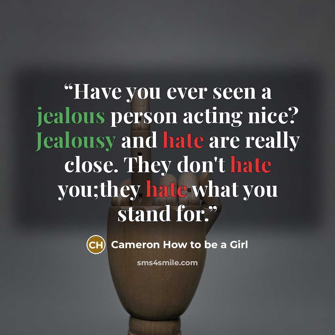 “Have you ever seen a jealous person acting nice? Jealousy and hate are really close. They don't hate you;they hate what you stand for.” quote by Cameron How to be a Girl