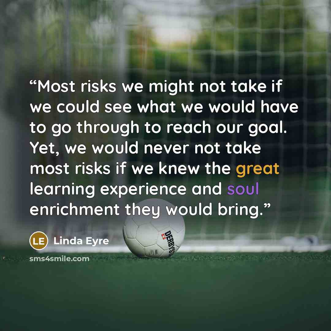 “Most risks we might not take if we could see what we would have to go through to reach our goal. Yet, we would never not take most risks if we knew the great learning experience and soul enrichment they would bring.” quote by Linda Eyre
