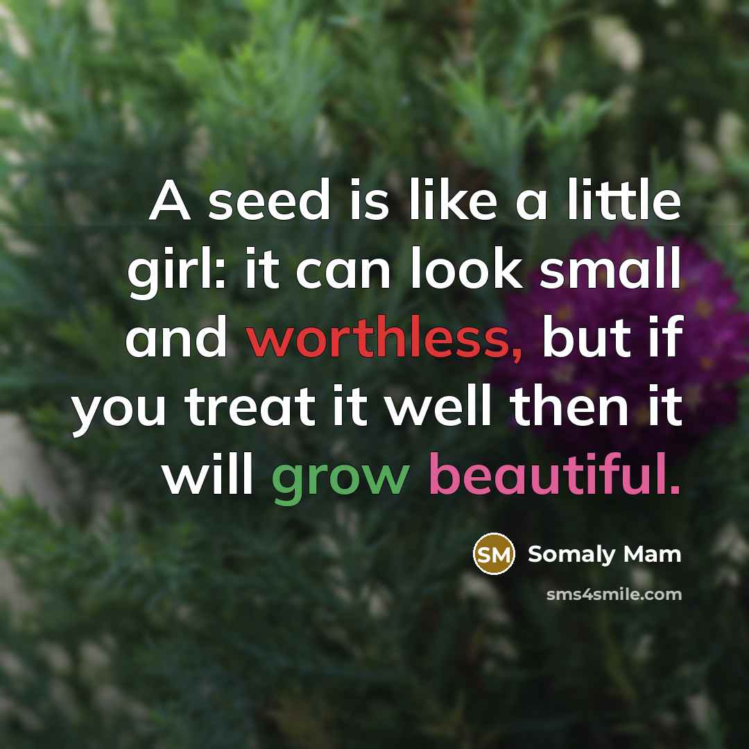 “A seed is like a little girl: it can look small and worthless, but if you treat it well then it will grow beautiful.” quote by Somaly Mam