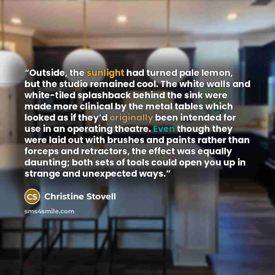 “Outside, the sunlight had turned pale lemon, but the studio remained cool. The white walls and white-tiled splashback behind the sink were made more clinical by the metal tables which looked as if they’d originally been intended for use in an operating theatre. Even though they were laid out with…” quote by Christine Stovell