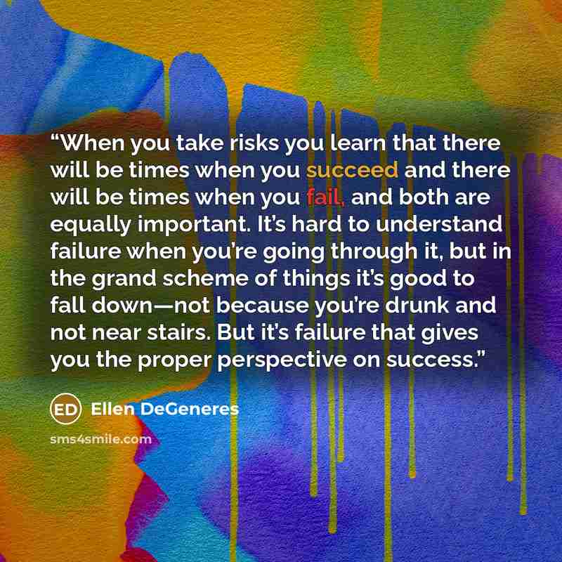 “When you take risks you learn that there will be times when you succeed and there will be times when you fail, and both are equally important. It’s hard to understand failure when you’re going through it, but in the grand scheme of things it’s good to fall down—not because you’re drunk and not…” quote by Ellen DeGeneres