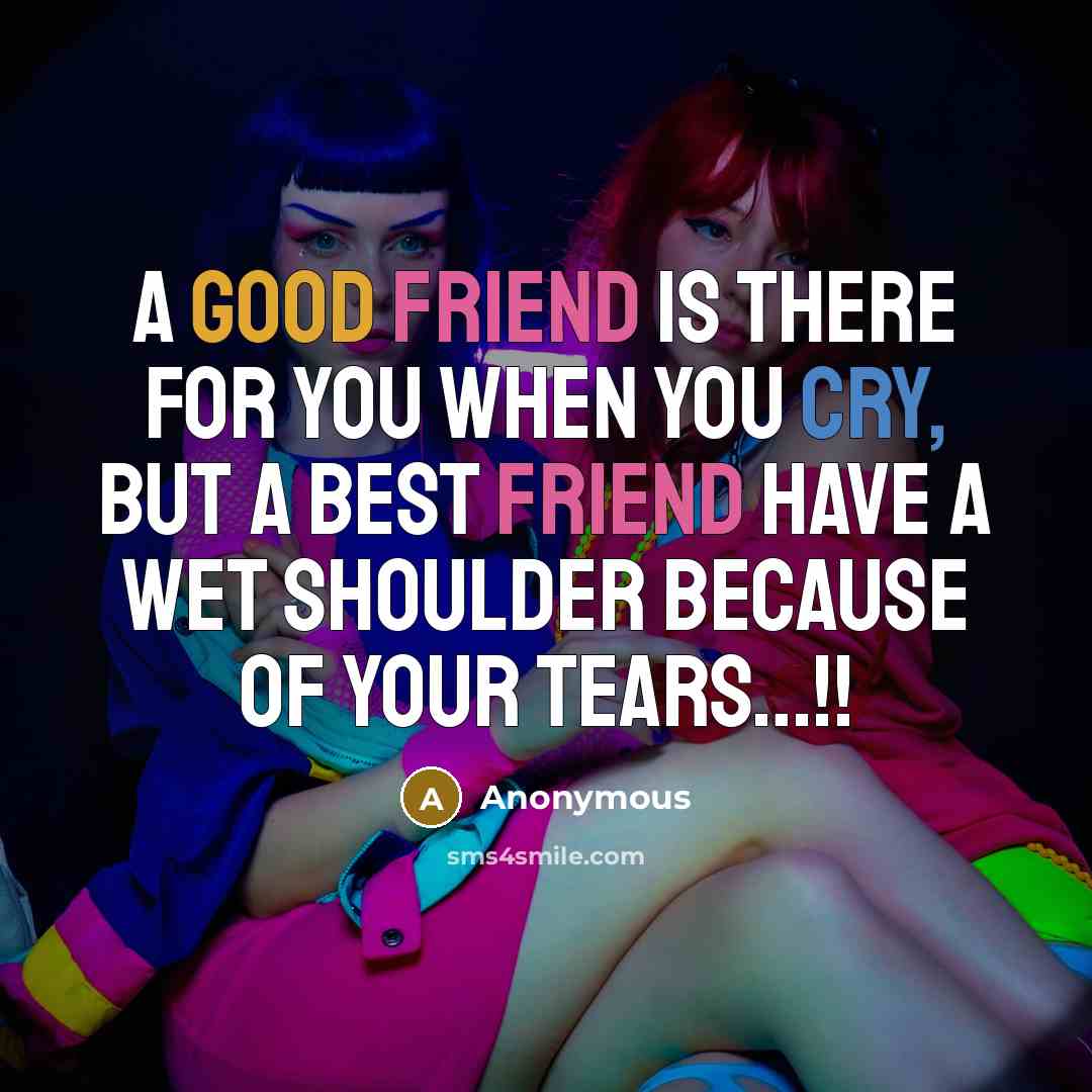 “A good friend Is there for you when you cry, But a best friend have a wet shoulder because of your Tears…!!” quote by Anonymous