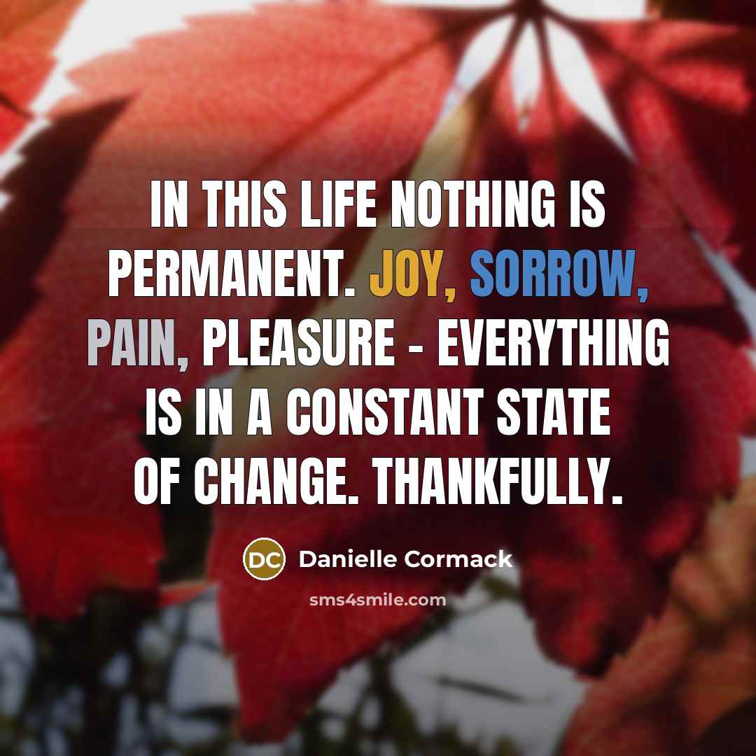 “In this life nothing is permanent. Joy, sorrow, pain, pleasure - everything is in a constant state of change. Thankfully.” quote by Danielle Cormack