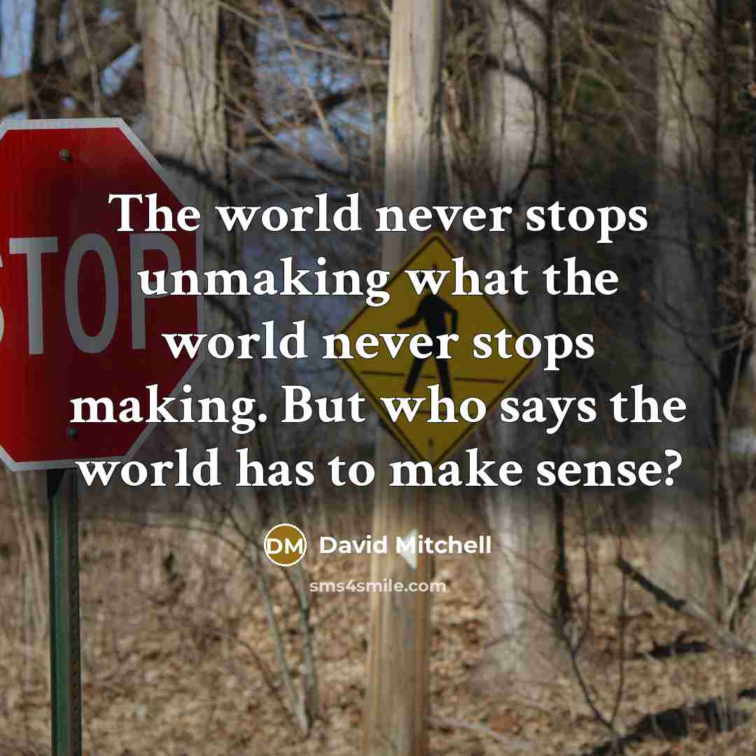 “The world never stops unmaking what the world never stops making. But who says the world has to make sense?” quote by David Mitchell
