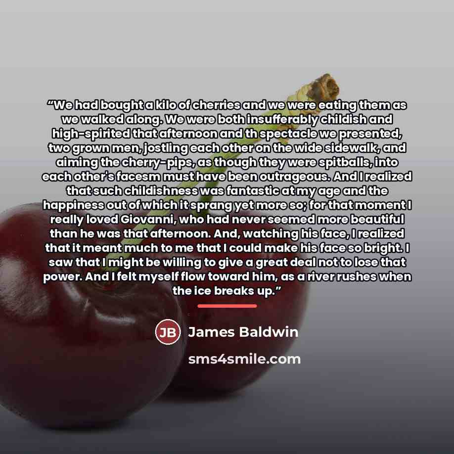 “We had bought a kilo of cherries and we were eating them as we walked along. We were both insufferably childish and high-spirited that afternoon and th spectacle we presented, two grown men, jostling each other on the wide sidewalk, and aiming the cherry-pips, as though they were spitballs, into…” quote by James Baldwin