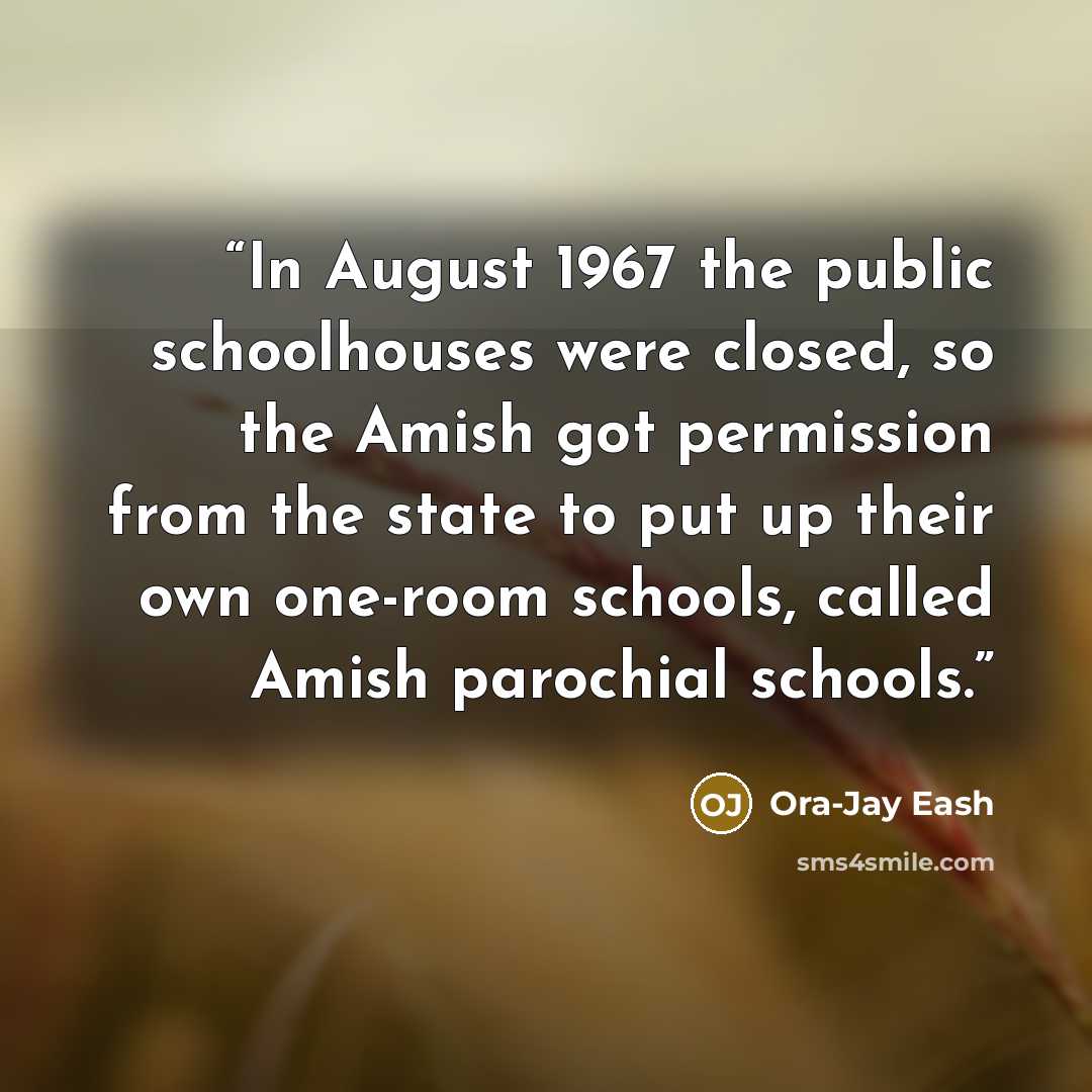 “In August 1967 the public schoolhouses were closed, so the Amish got permission from the state to put up their own one-room schools, called Amish parochial schools.” quote by Ora-Jay Eash