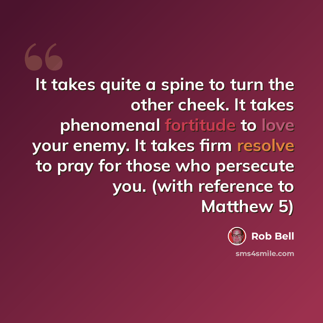 “It takes quite a spine to turn the other cheek. It takes phenomenal fortitude to love your enemy. It takes firm resolve to pray for those who persecute you. (with reference to Matthew 5)” quote by Rob Bell