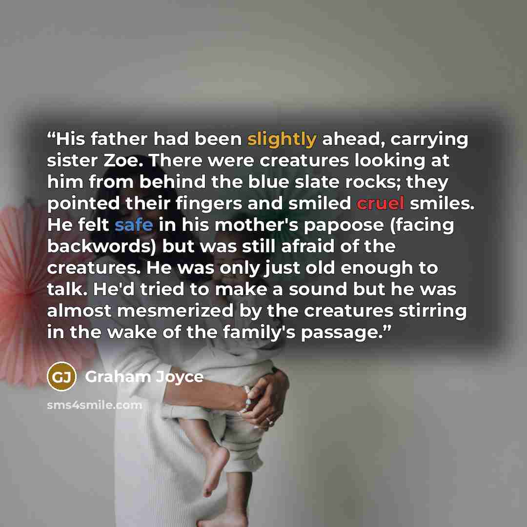 “His father had been slightly ahead, carrying sister Zoe. There were creatures looking at him from behind the blue slate rocks; they pointed their fingers and smiled cruel smiles. He felt safe in his mother's papoose (facing backwords) but was still afraid of the creatures. He was only just old…” quote by Graham Joyce