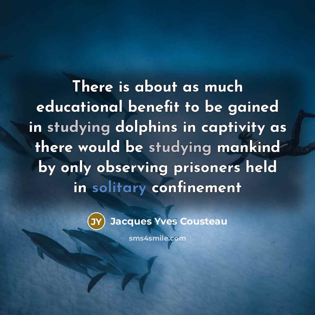 “There is about as much educational benefit to be gained in studying dolphins in captivity as there would be studying mankind by only observing prisoners held in solitary confinement” quote by Jacques Yves Cousteau