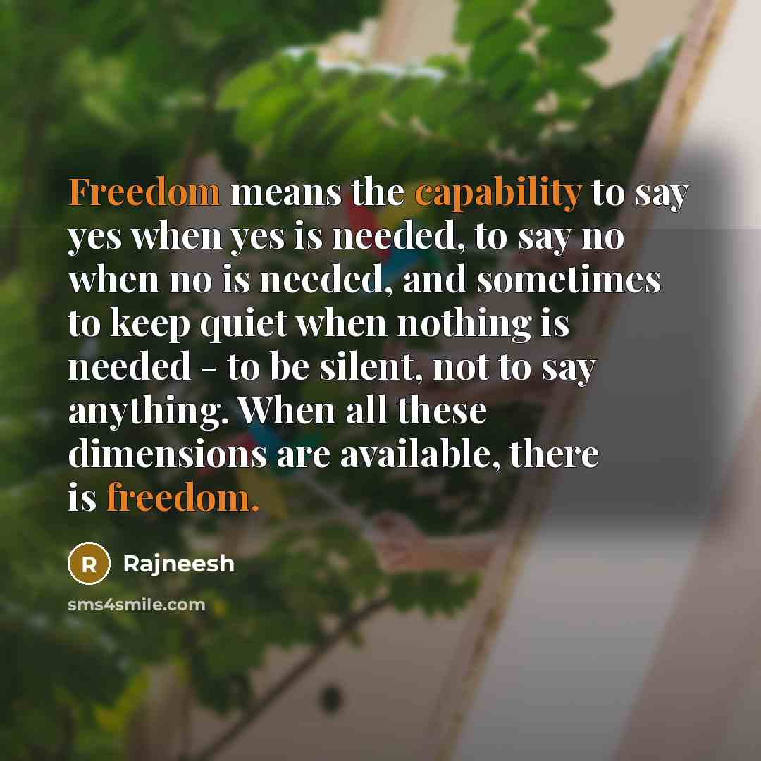 “Freedom means the capability to say yes when yes is needed, to say no when no is needed, and sometimes to keep quiet when nothing is needed - to be silent, not to say anything. When all these dimensions are available, there is freedom.” quote by Rajneesh
