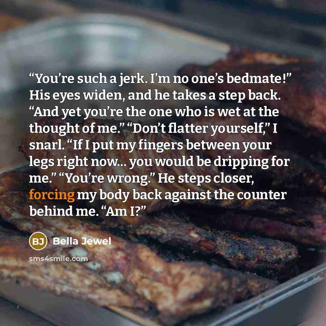 “You’re such a jerk. I’m no one’s bedmate!” His eyes widen, and he takes a step back. “And yet you’re the one who is wet at the thought of me.” “Don’t flatter yourself,” I snarl. “If I put my fingers between your legs right now… you would be dripping for me.” “You’re wrong.” He steps closer…” quote by Bella Jewel