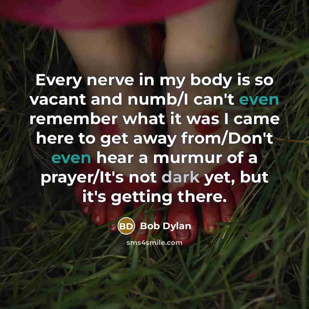 “Every nerve in my body is so vacant and numb/I can't even remember what it was I came here to get away from/Don't even hear a murmur of a prayer/It's not dark yet, but it's getting there.” quote by Bob Dylan