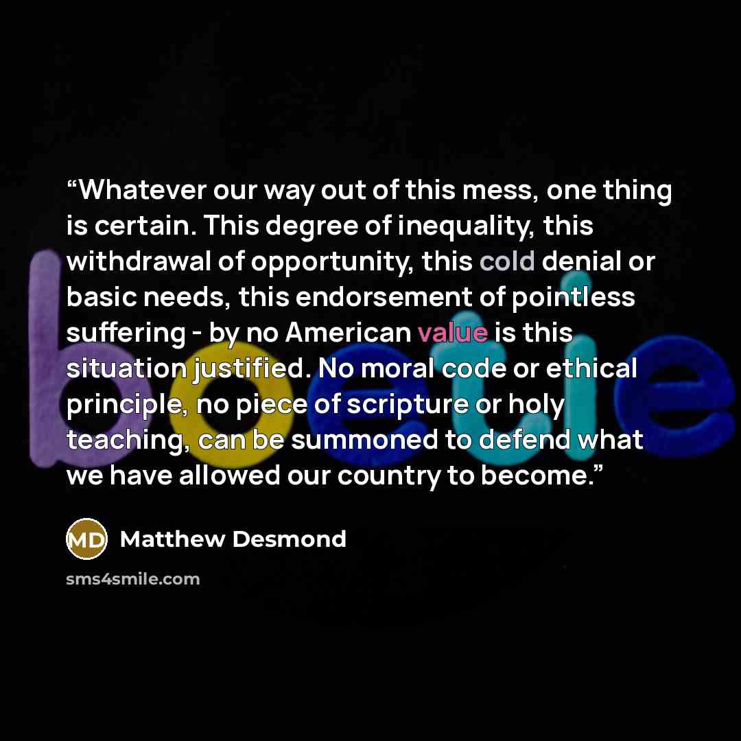 “Whatever our way out of this mess, one thing is certain. This degree of inequality, this withdrawal of opportunity, this cold denial or basic needs, this endorsement of pointless suffering - by no American value is this situation justified. No moral code or ethical principle, no piece of scripture…” quote by Matthew Desmond