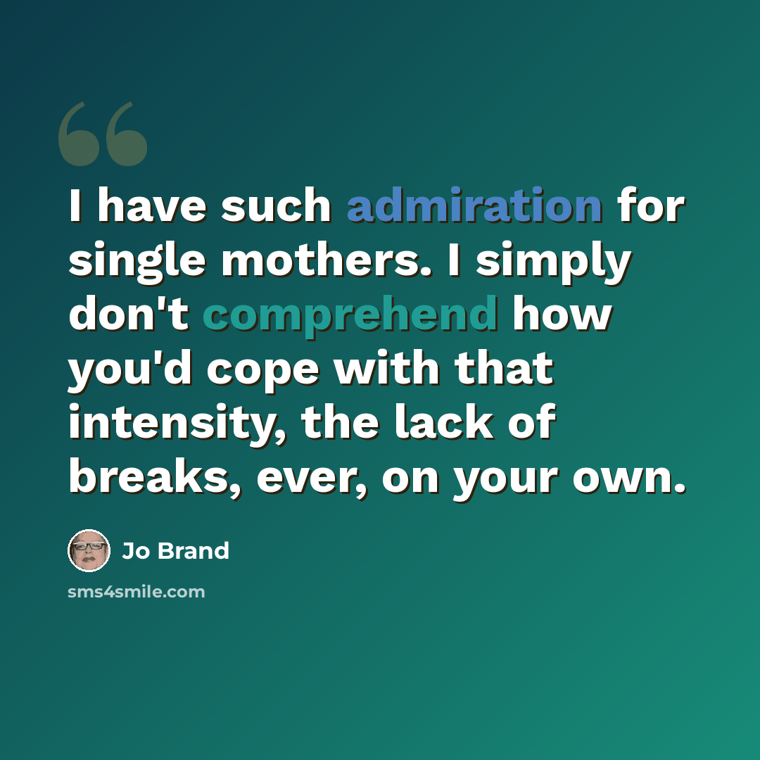 “I have such admiration for single mothers. I simply don't comprehend how you'd cope with that intensity, the lack of breaks, ever, on your own.” quote by Jo Brand